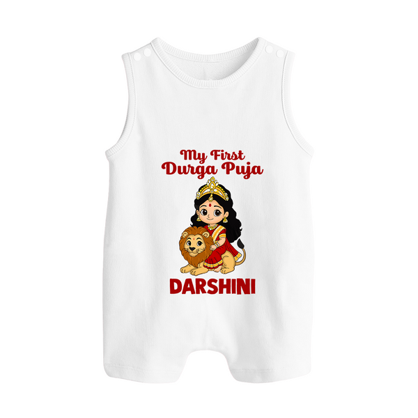 My First Durga Puja Goddess & Lion Baby Button Romper - WHITE - New Born (Chest 18")
