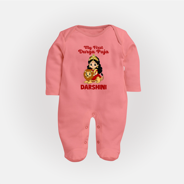 My First Durga Puja Goddess & Lion Baby Full Body Suit - PEACH - New Born (Chest 7.5")