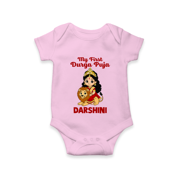 My First Durga Puja Goddess & Lion Baby Romper - BABY PINK - New Born (Chest 14")