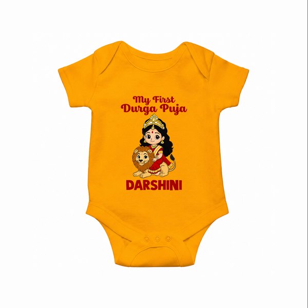 My First Durga Puja Goddess & Lion Baby Romper - CHROME YELLOW - New Born (Chest 14")
