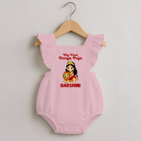 My First Durga Puja Goddess & Lion Baby Romper Frock - BABY PINK - 0 - 3 Months Old (Chest 19")