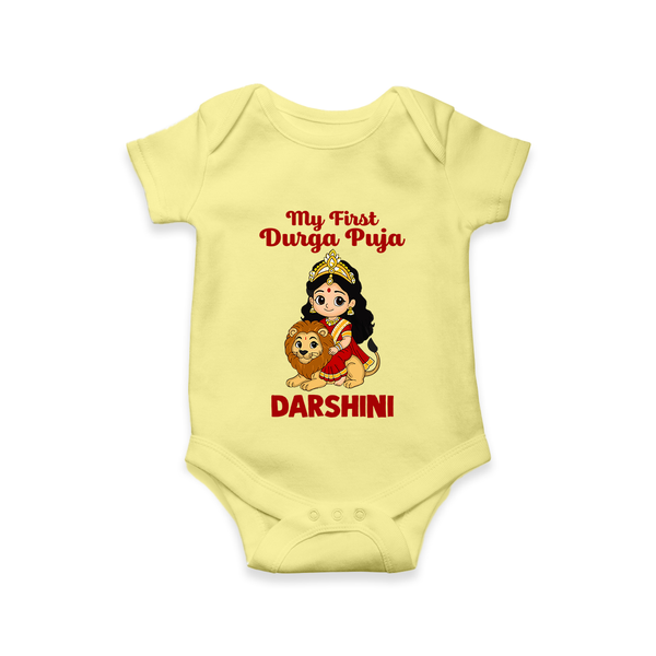 My First Durga Puja Goddess & Lion Baby Romper - PASTEL YELLOW - New Born (Chest 14")