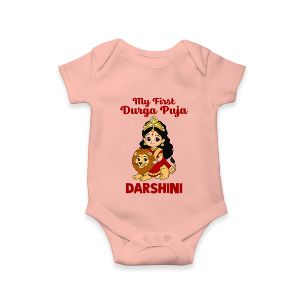 My First Durga Puja Goddess & Lion Baby Romper - PEACH - New Born (Chest 14")
