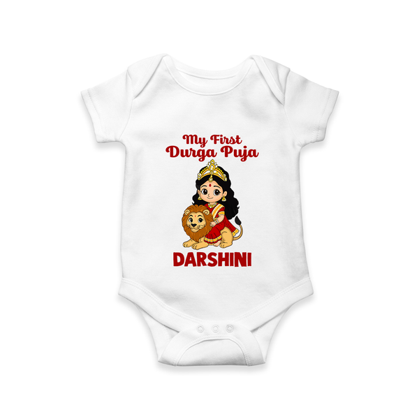 My First Durga Puja Goddess & Lion Baby Romper - WHITE - New Born (Chest 14")