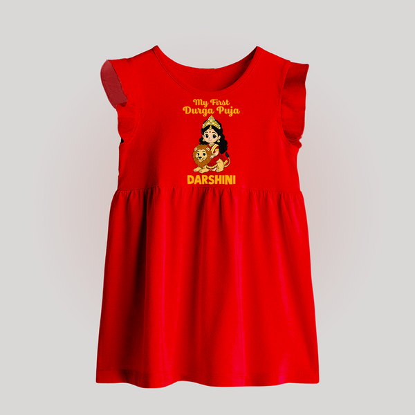 My First Durga Puja Goddess & Lion Baby Baby Frock - RED - 0 - 3 Months Old (Chest 17")
