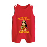 My First Durga Puja Goddess & Lion Baby Button Romper - RED - New Born (Chest 18")