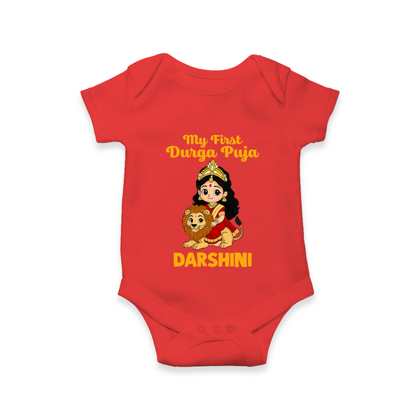 My First Durga Puja Goddess & Lion Baby Romper - RED - New Born (Chest 14")