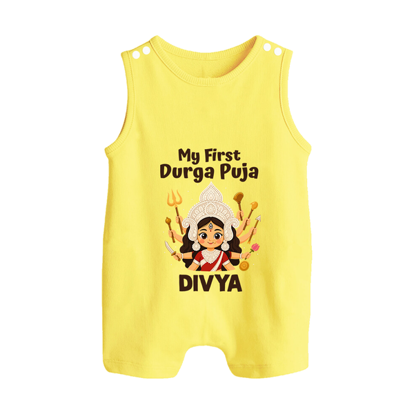 My First Durga Puja Baby Button Romper - PASTEL YELLOW - New Born (Chest 18")