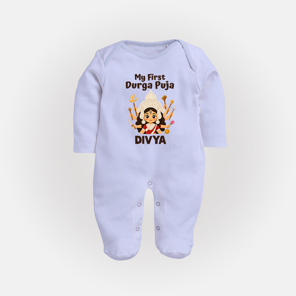 My First Durga Puja Baby Full Body Suit - BABY BLUE - New Born (Chest 7.5")