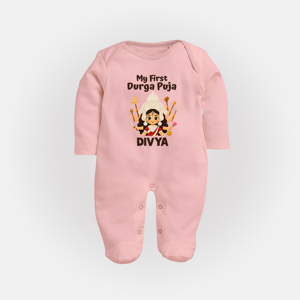 My First Durga Puja Baby Full Body Suit - BABY PINK - New Born (Chest 7.5")