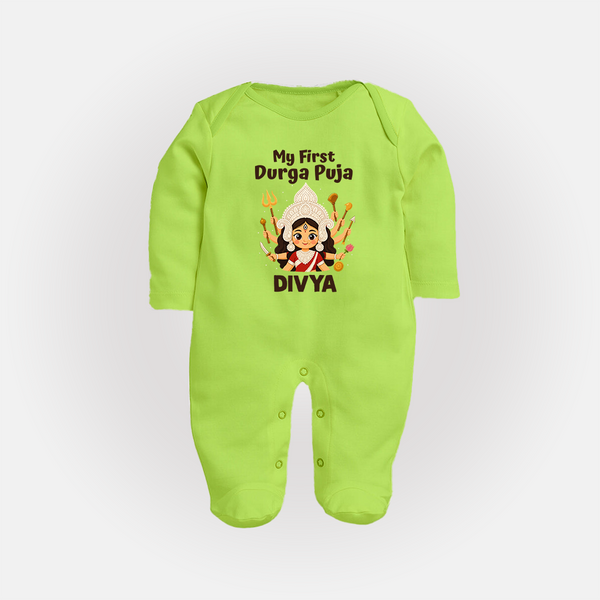 My First Durga Puja Baby Full Body Suit - LIME GREEN - New Born (Chest 7.5")