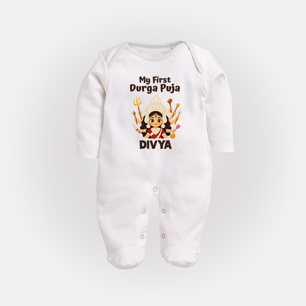My First Durga Puja Baby Full Body Suit - WHITE - New Born (Chest 7.5")