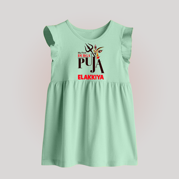 My First Durga Puja Trishul & Goddess Face Baby Baby Frock - MINT GREEN - 0 - 3 Months Old (Chest 17")