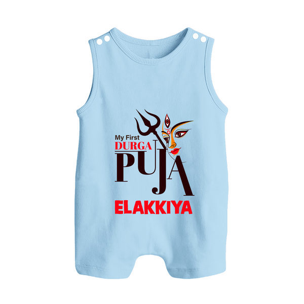 My First Durga Puja Trishul & Goddess Face Baby Button Romper - BABY BLUE - New Born (Chest 18")