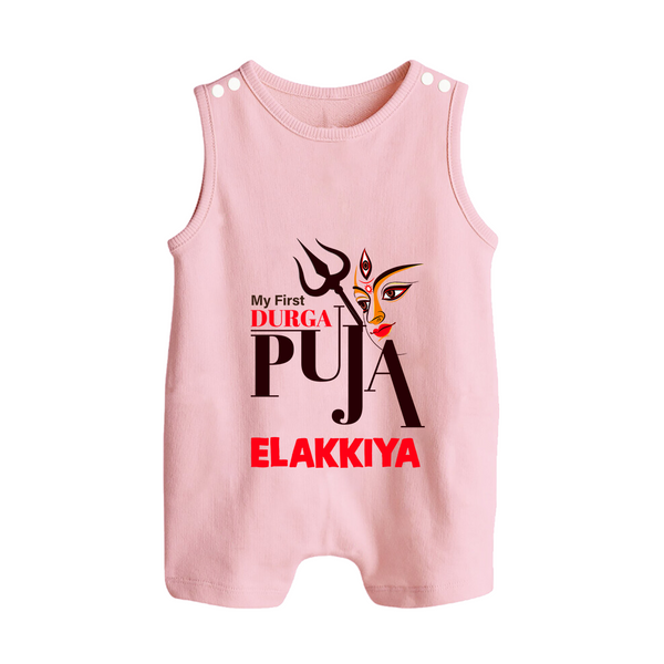 My First Durga Puja Trishul & Goddess Face Baby Button Romper - BABY PINK - New Born (Chest 18")
