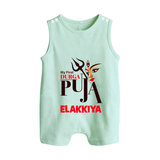 My First Durga Puja Trishul & Goddess Face Baby Button Romper - MINT GREEN - New Born (Chest 18")