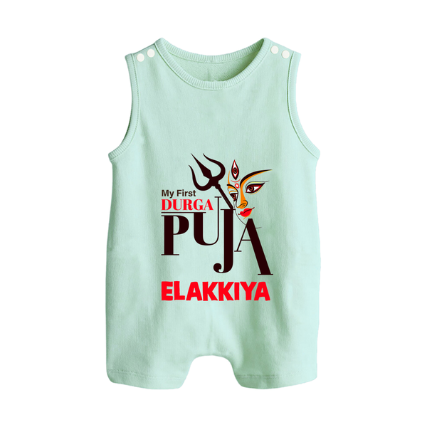 My First Durga Puja Trishul & Goddess Face Baby Button Romper - MINT GREEN - New Born (Chest 18")