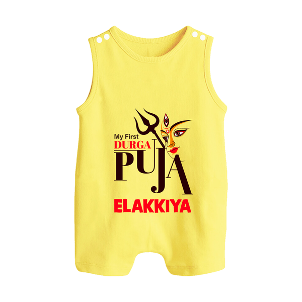 My First Durga Puja Trishul & Goddess Face Baby Button Romper - PASTEL YELLOW - New Born (Chest 18")