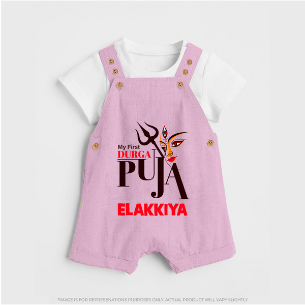 My First Durga Puja Trishul & Goddess Face Baby Dungaree - BABY PINK - 0 - 5 Months Old (Chest 18")