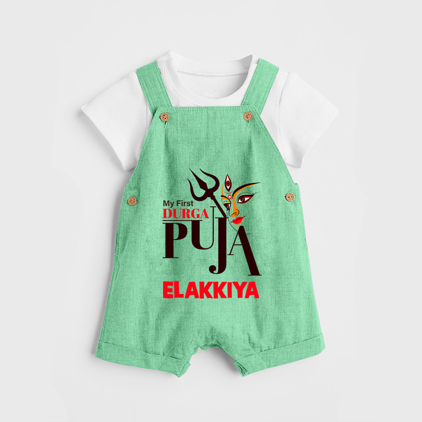 My First Durga Puja Trishul & Goddess Face Baby Dungaree - GREEN - 0 - 5 Months Old (Chest 18")
