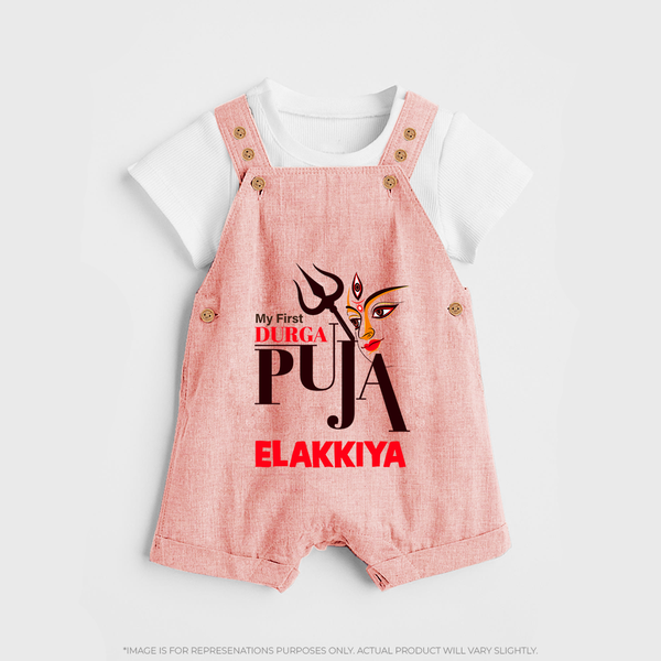 My First Durga Puja Trishul & Goddess Face Baby Dungaree - PEACH - 0 - 5 Months Old (Chest 18")