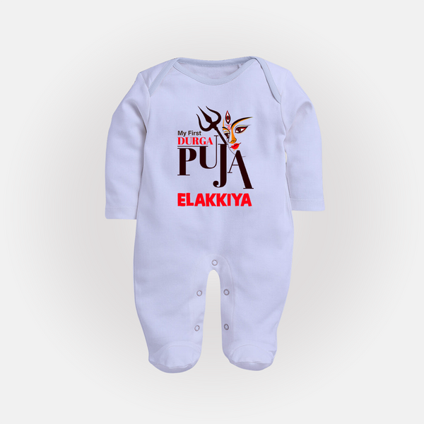 My First Durga Puja Trishul & Goddess Face Baby Full Body Suit - BABY BLUE - New Born (Chest 7.5")