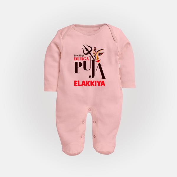 My First Durga Puja Trishul & Goddess Face Baby Full Body Suit - BABY PINK - New Born (Chest 7.5")