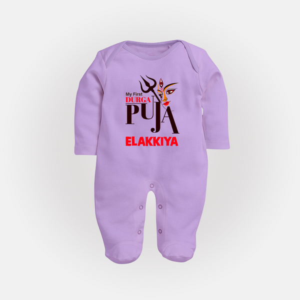 My First Durga Puja Trishul & Goddess Face Baby Full Body Suit - LILAC - New Born (Chest 7.5")