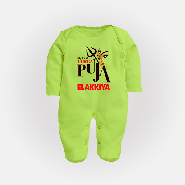 My First Durga Puja Trishul & Goddess Face Baby Full Body Suit - LIME GREEN - New Born (Chest 7.5")