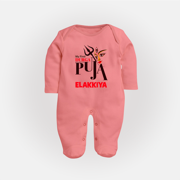 My First Durga Puja Trishul & Goddess Face Baby Full Body Suit - PEACH - New Born (Chest 7.5")