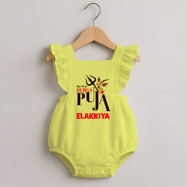 My First Durga Puja Trishul & Goddess Face Baby Romper Frock - PASTEL YELLOW - 0 - 3 Months Old (Chest 19")