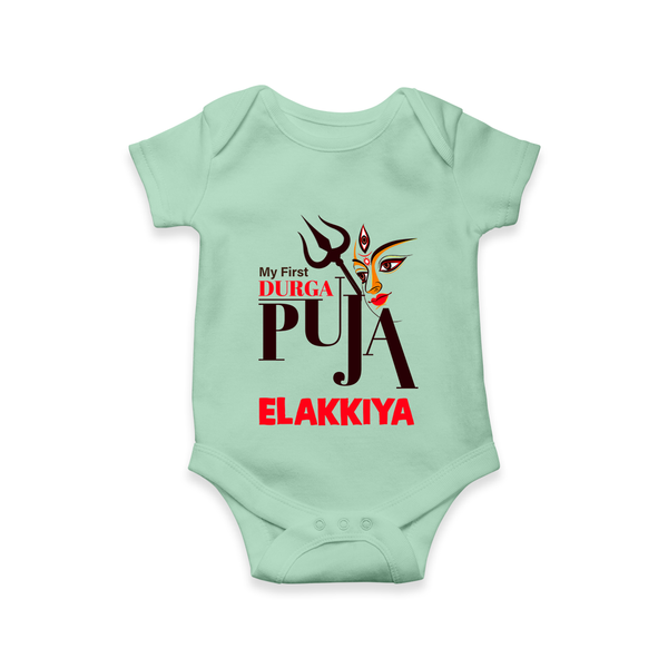 My First Durga Puja Trishul & Goddess Face Baby Romper - MINT GREEN - New Born (Chest 14")