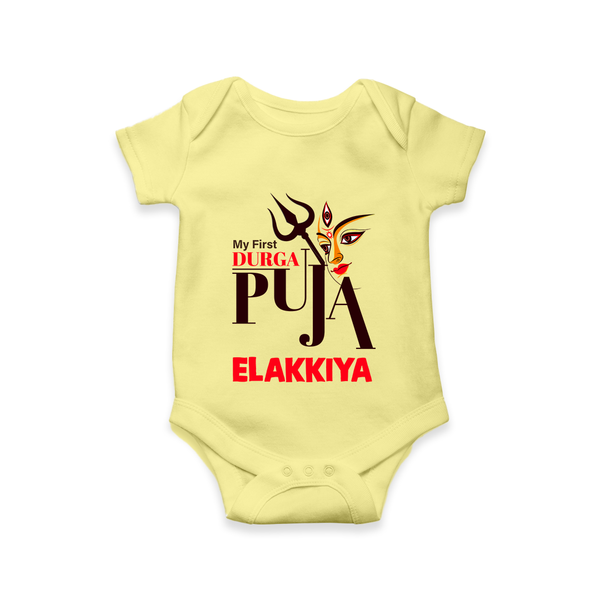 My First Durga Puja Trishul & Goddess Face Baby Romper - PASTEL YELLOW - New Born (Chest 14")