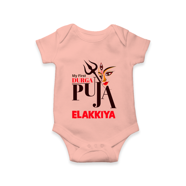 My First Durga Puja Trishul & Goddess Face Baby Romper - PEACH - New Born (Chest 14")