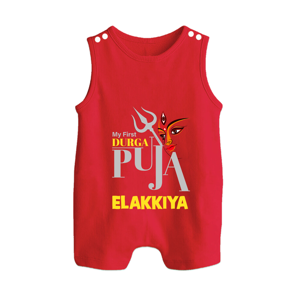 My First Durga Puja Trishul & Goddess Face Baby Button Romper - RED - New Born (Chest 18")