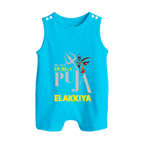 My First Durga Puja Trishul & Goddess Face Baby Button Romper - SKY BLUE - New Born (Chest 18")