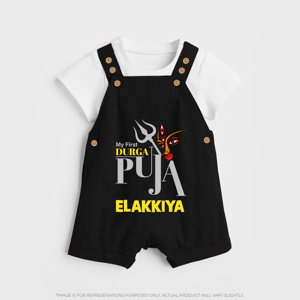 My First Durga Puja Trishul & Goddess Face Baby Dungaree - BLACK - 0 - 5 Months Old (Chest 18")