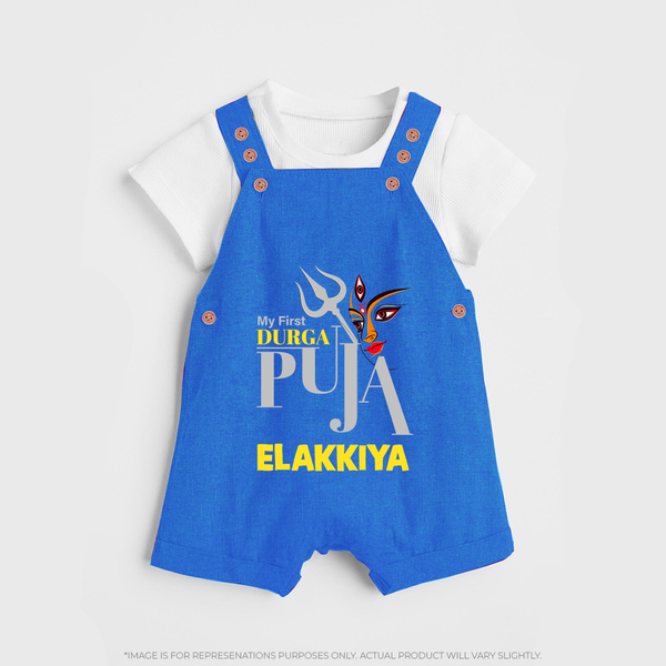 My First Durga Puja Trishul & Goddess Face Baby Dungaree - COBALT BLUE - 0 - 5 Months Old (Chest 18")