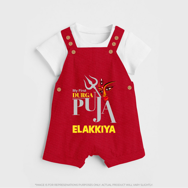 My First Durga Puja Trishul & Goddess Face Baby Dungaree - RED - 0 - 5 Months Old (Chest 18")