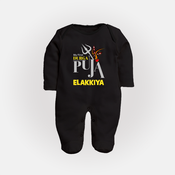 My First Durga Puja Trishul & Goddess Face Baby Full Body Suit - BLACK - New Born (Chest 7.5")