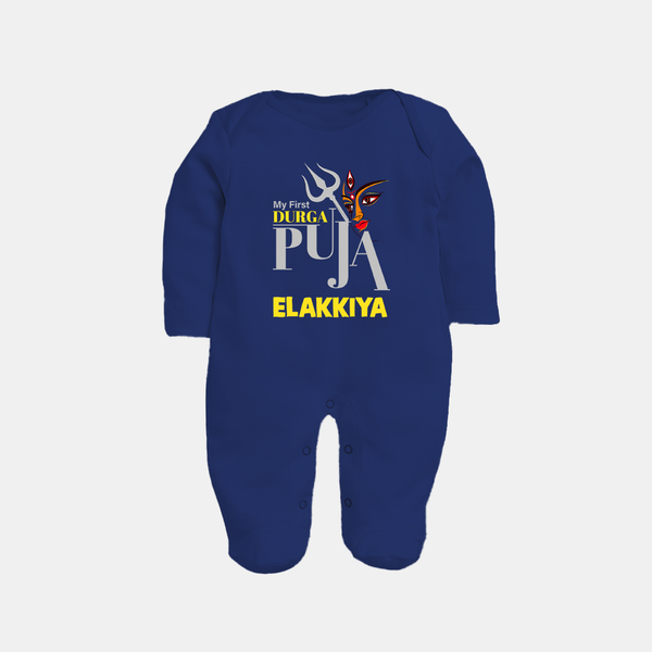 My First Durga Puja Trishul & Goddess Face Baby Full Body Suit - NAVY BLUE - New Born (Chest 7.5")