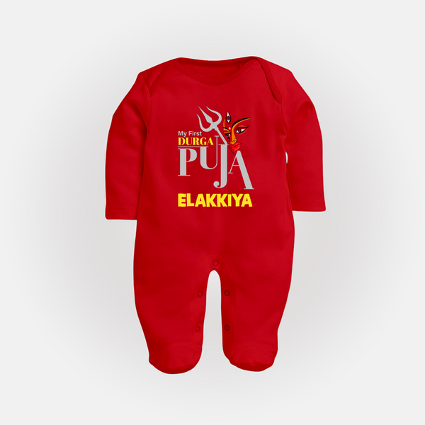My First Durga Puja Trishul & Goddess Face Baby Full Body Suit - RED - New Born (Chest 7.5")