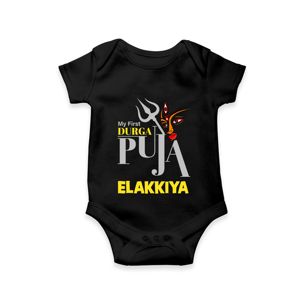 My First Durga Puja Trishul & Goddess Face Baby Romper - BLACK - New Born (Chest 14")