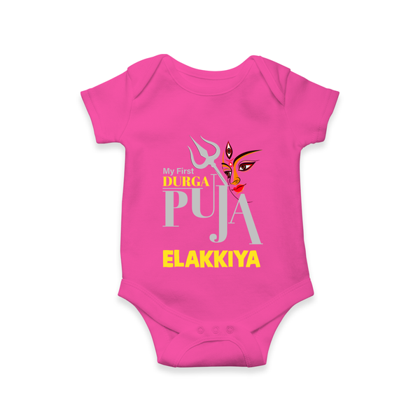 My First Durga Puja Trishul & Goddess Face Baby Romper - HOT PINK - New Born (Chest 14")