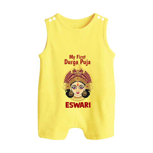 My First Durga Puja Traditional Goddess Face Baby Button Romper - PASTEL YELLOW - New Born (Chest 18")