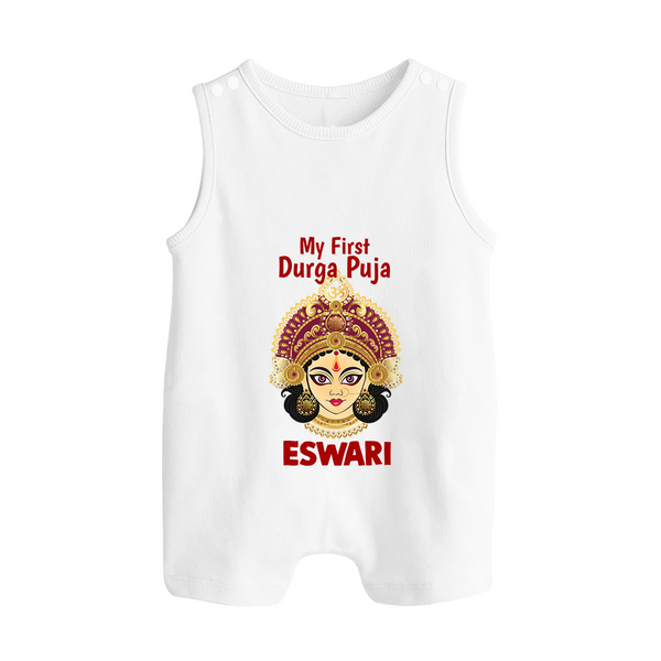 My First Durga Puja Traditional Goddess Face Baby Button Romper - WHITE - New Born (Chest 18")
