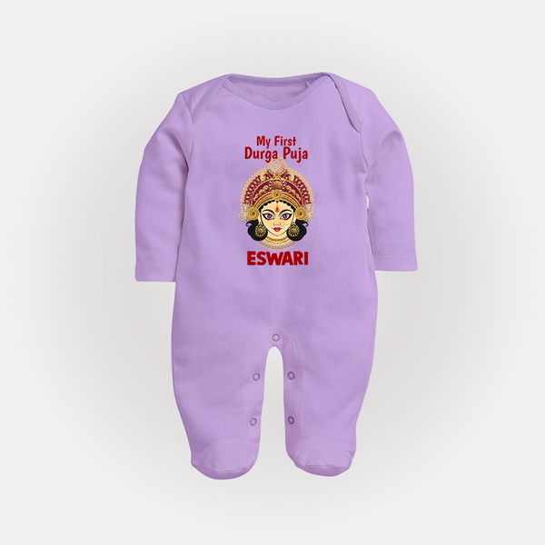 My First Durga Puja Traditional Goddess Face Baby Full Body Suit - LILAC - New Born (Chest 7.5")