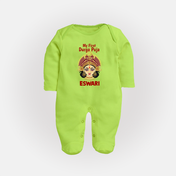 My First Durga Puja Traditional Goddess Face Baby Full Body Suit - LIME GREEN - New Born (Chest 7.5")
