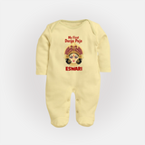 My First Durga Puja Traditional Goddess Face Baby Full Body Suit - PASTEL YELLOW - New Born (Chest 7.5")