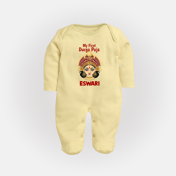 My First Durga Puja Traditional Goddess Face Baby Full Body Suit - PASTEL YELLOW - New Born (Chest 7.5")